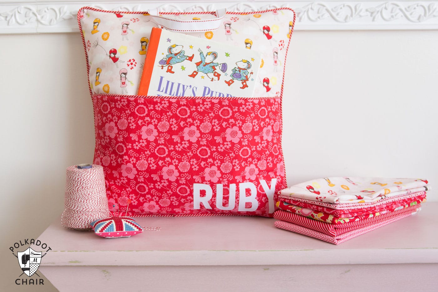 How to sew a personalized reading pillow with a pocket and handle - free sewing pattern and tutorial on polkadotchair.com