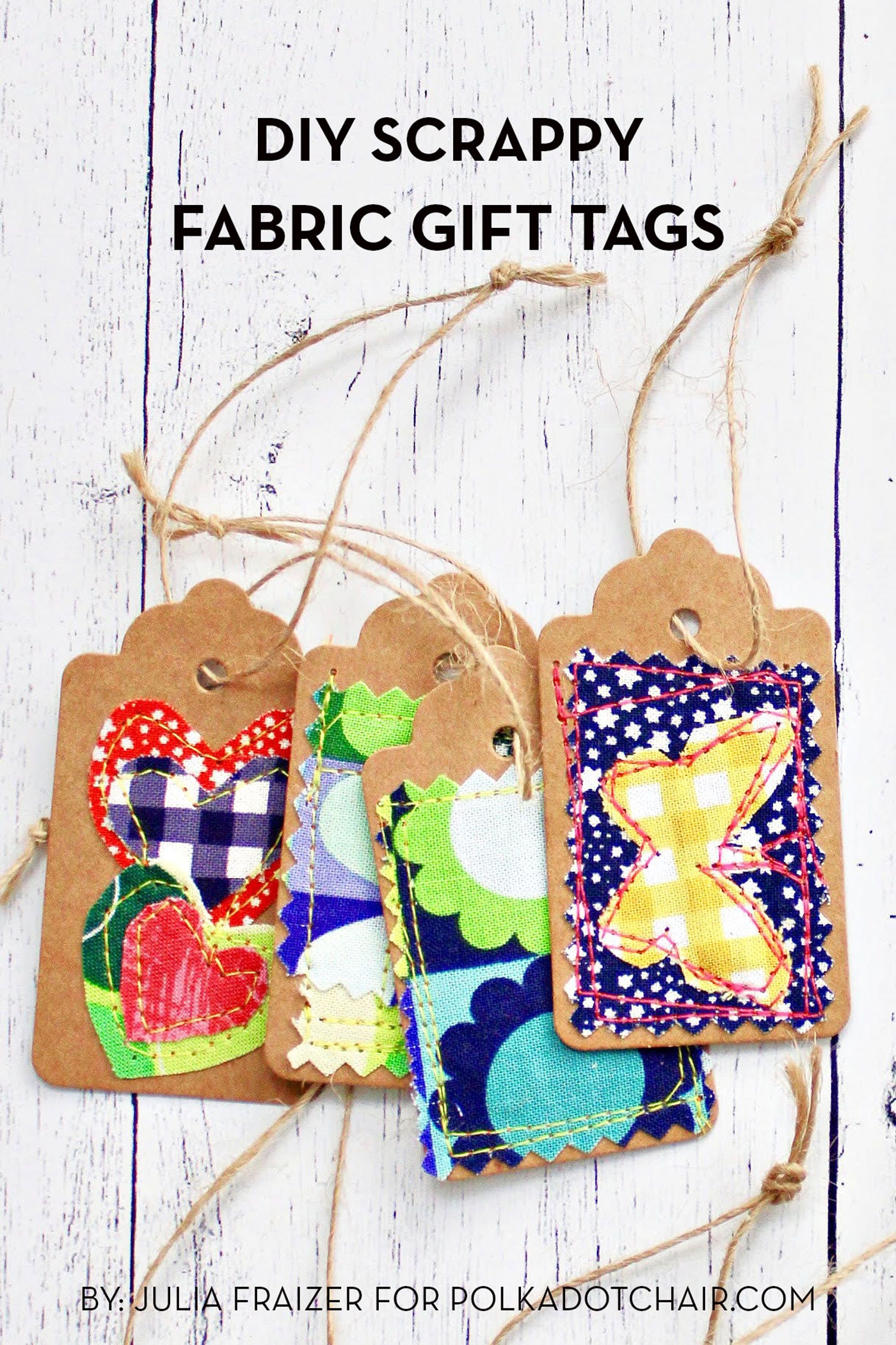 scrappy fabric bookmarks on white wood table