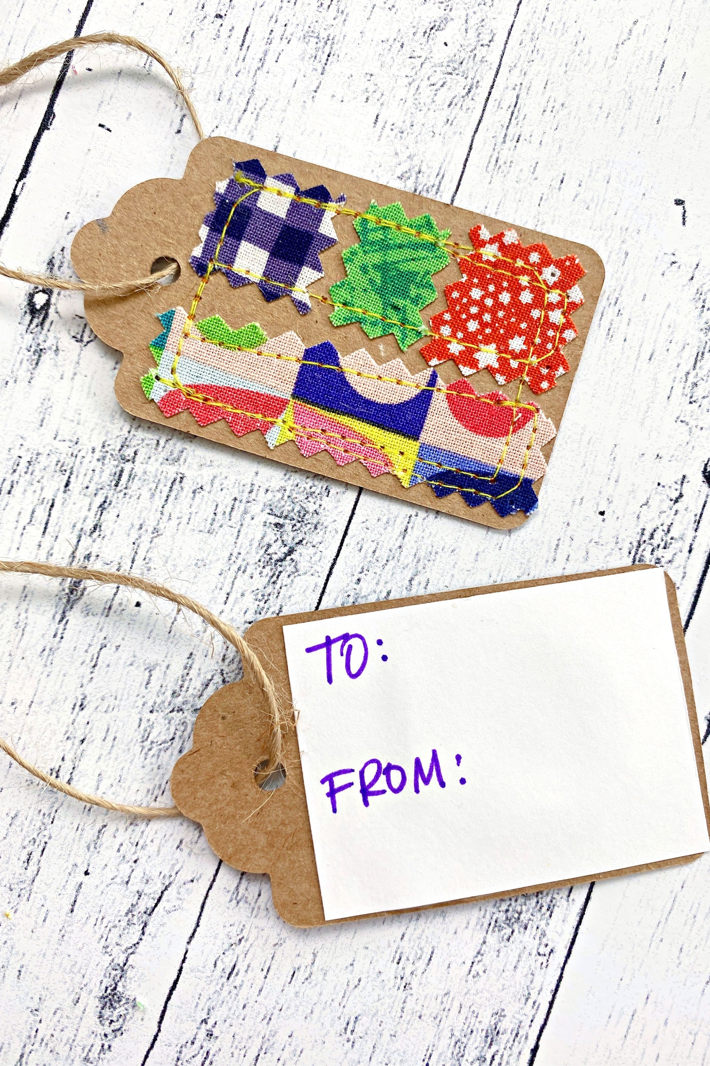 colorful gift tag on table with to from 