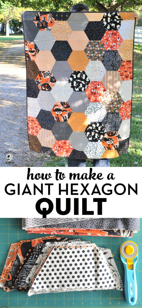 collage image of hexagon quilt, text and cut out quilt pieces