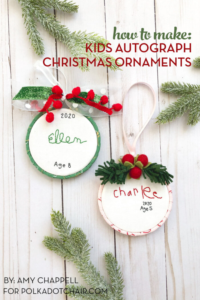 hand embroidered christmas ornaments with childrens names on white wood table