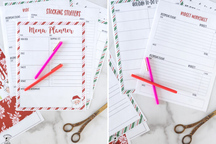 printed pages from christmas planner on white table with pens